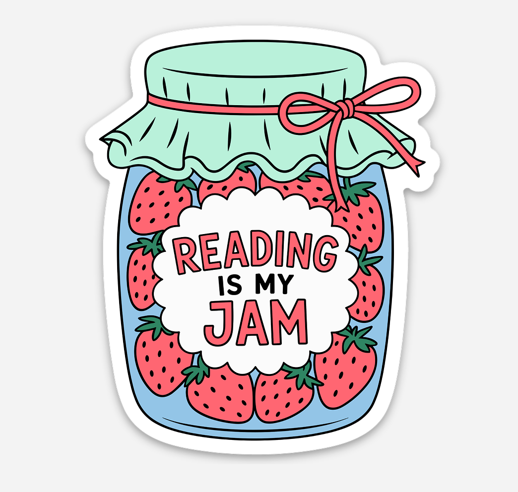 A die-cut sticker featuring a cartoon illustration of a glass jar filled with red strawberries and topped with a mint green cloth and red ribbon. A white cloud-shaped label in the center reads “READING IS MY JAM” in red and black text, shown on a light gray background.