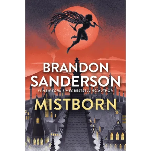 Book cover of 'Mistborn' by Brandon Sanderson with a silhouette of a person and a red sun in the background.