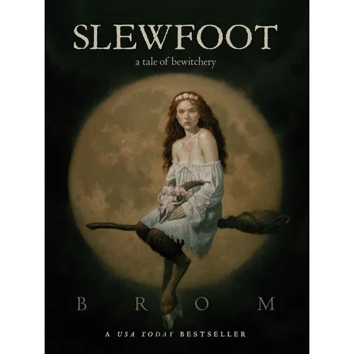 Book cover of 'Slewfoot' with a woman on a broomstick against a moonlit sky.