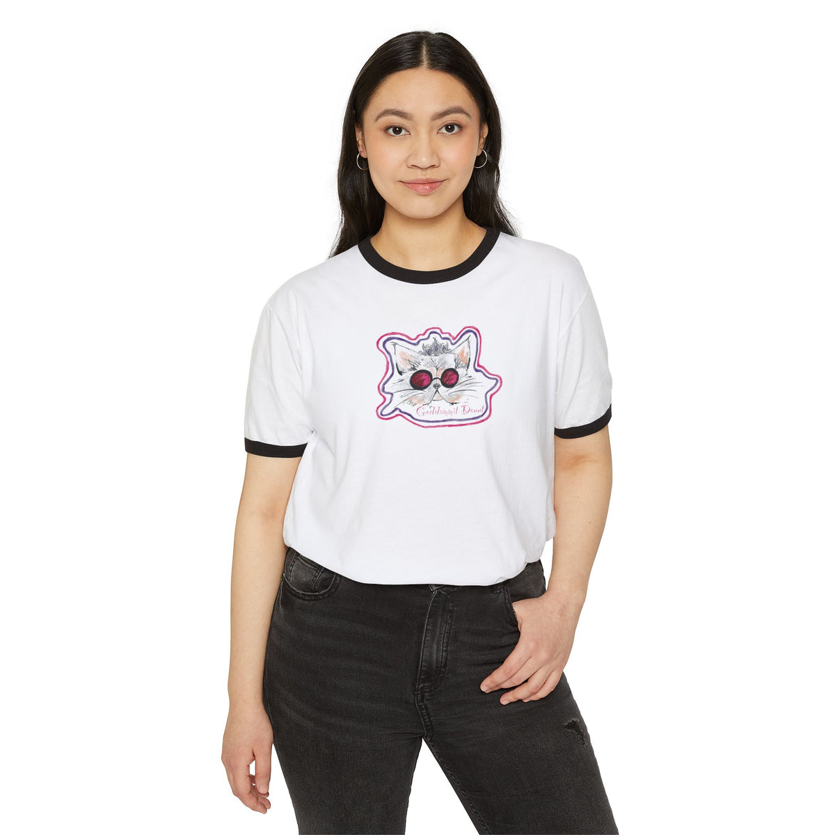 Retro Cat Face Ringer Tee — Cute Vintage Kitty Graphic T-Shirt