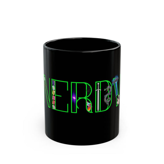 Nerdy Green Floral Text Black Coffee Mug (11oz & 15oz)