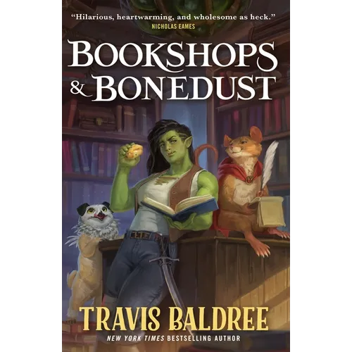Book cover of 'Bookshops & Bonedust' featuring a green-skinned character with a dog and mouse in a bookshop setting.