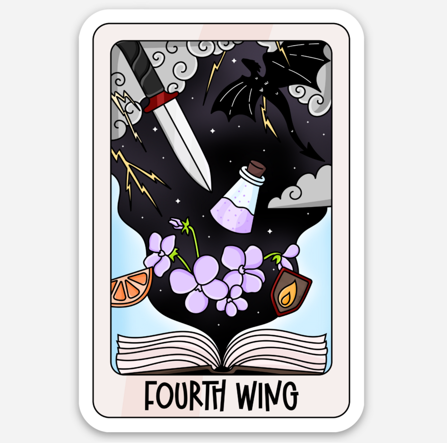 A tarot-style card design labeled 'FOURTH WING' with an illustrated black silhouette of a winged figure over a light blue background. The silhouette contains a knife, bat, clouds, flowers, a potion bottle, an orange slice, and a candle.