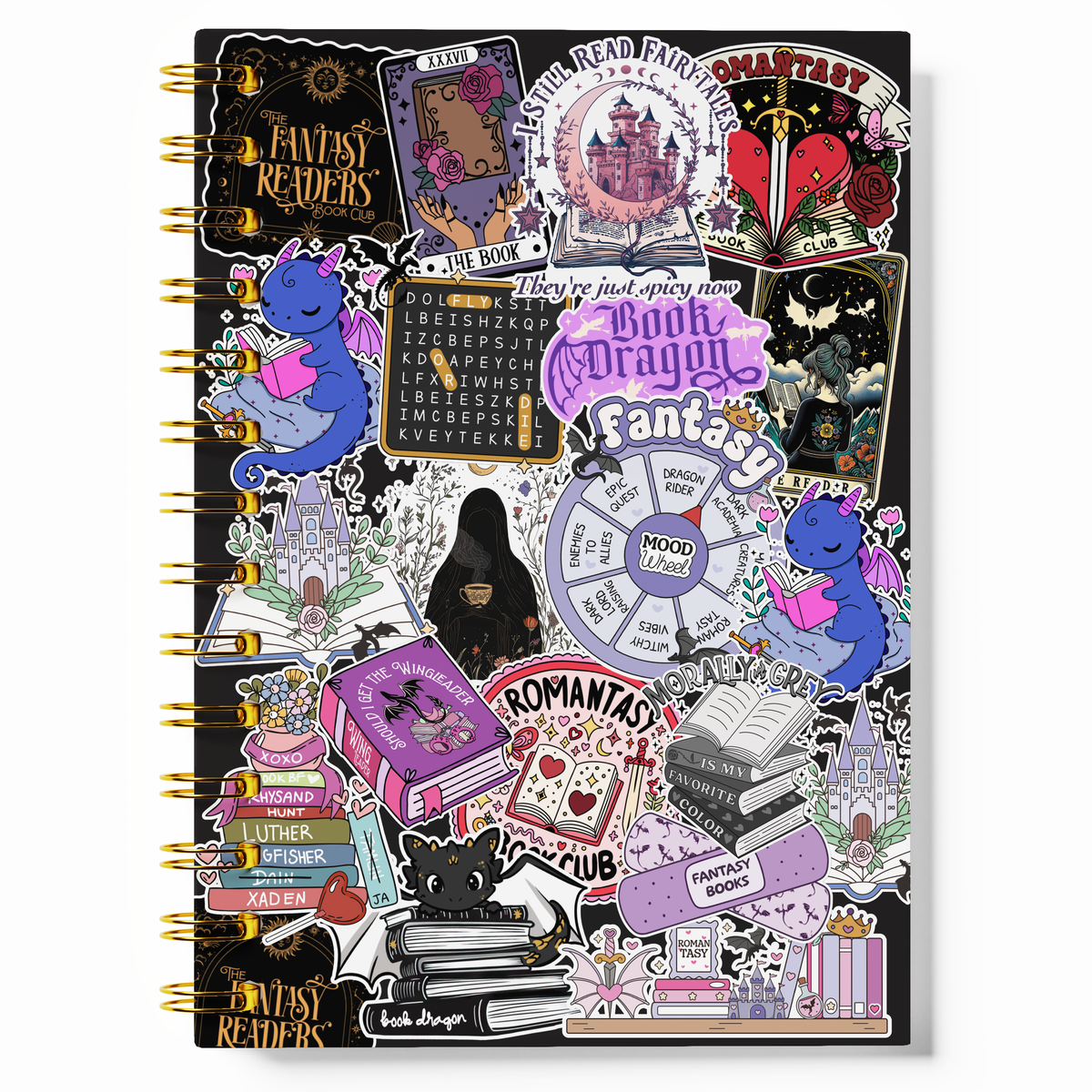 A spiral-bound notebook covered in a dense collage of gothic fantasy-themed stickers, including book illustrations, a purple dragon, tarot card designs, and text such as 'Fantasy Readers' and 'Book Dragon Fantasy Club,' shown on a plain white background.