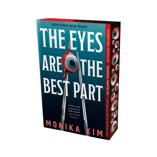 Book cover for The Eyes Are the Best Part: Deluxe Limited Edition, by Monika Kim, featuring a single eyeball with a blue iris held up by metal instruments.