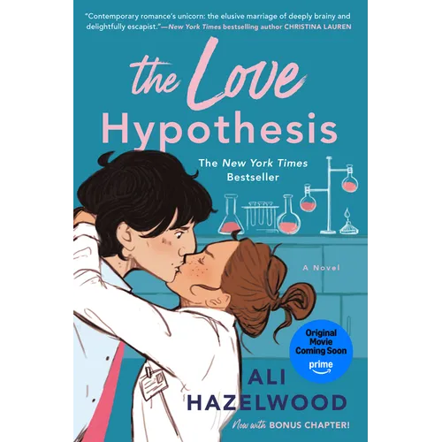 Book cover for 'The Love Hypothesis' by Ali Hazelwood, featuring an illustration of a couple in a lab coat kissing, with chemistry equipment and a blue background. Includes a Prime Video coming soon badge.