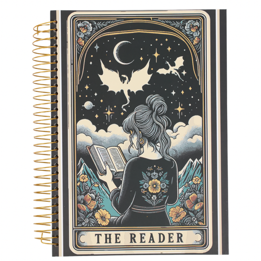 Notebook with 'The Reader' design featuring a woman reading under a starry sky.