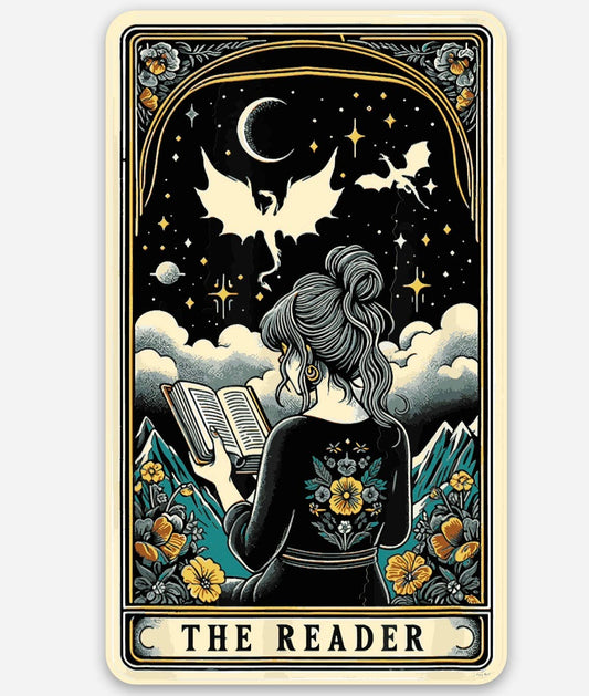 A tarot card illustration titled 'THE READER' showing a woman from behind reading a book under a starry night sky with a crescent moon and bats. The card has a cream border and is centered on a light gray background.