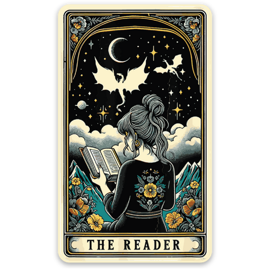 A tarot card illustration titled 'THE READER' showing a woman from behind reading a book under a starry night sky with a crescent moon and birds, surrounded by clouds, mountains, and flowers. The card has a cream border and is centered on a plain white background.