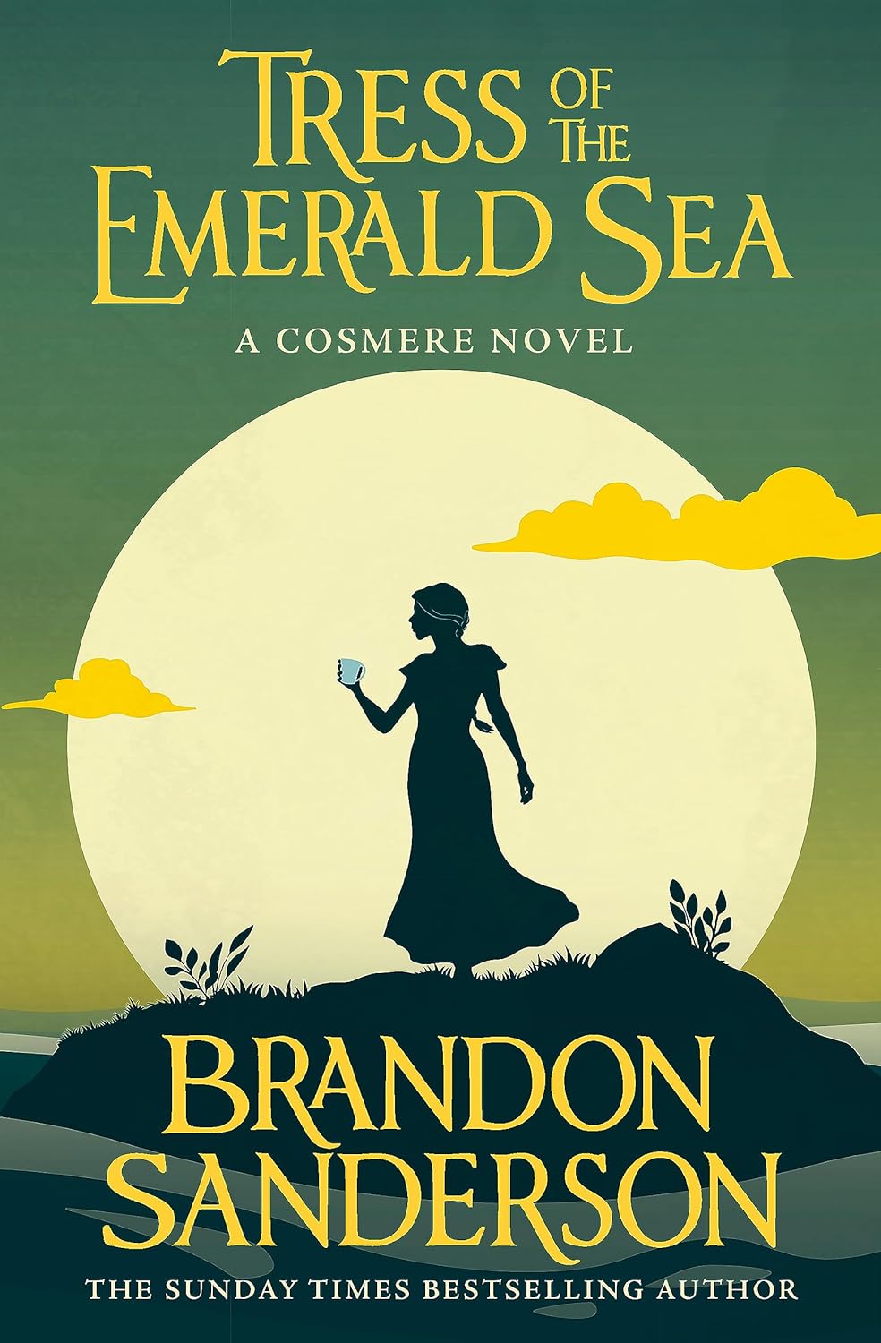 Book cover of 'Tress of the Emerald Sea' by Brandon Sanderson with a silhouette of a woman against a moonlit sky.