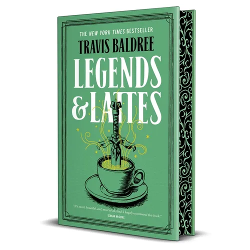 Book titled 'Legends & Lattes' by Travis Baldrfe with a green cover and illustration of a sword in a coffee cup.