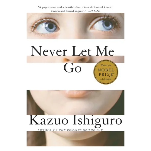 Book cover of 'Never Let Me Go' by Kazuo Ishiguro with a close-up of a person's face.